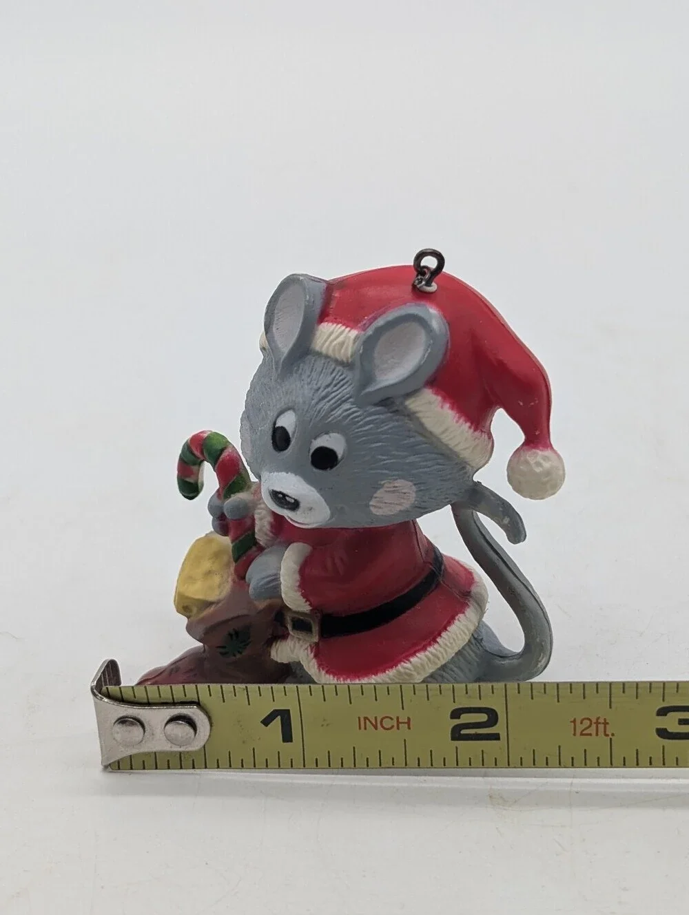 Vintage Christmas Santa Mouse Ornament Holding Candy Cane Gift Sack Kitsch